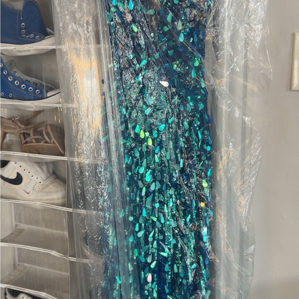 Sherri Hill Blue Sequin Backless Dress